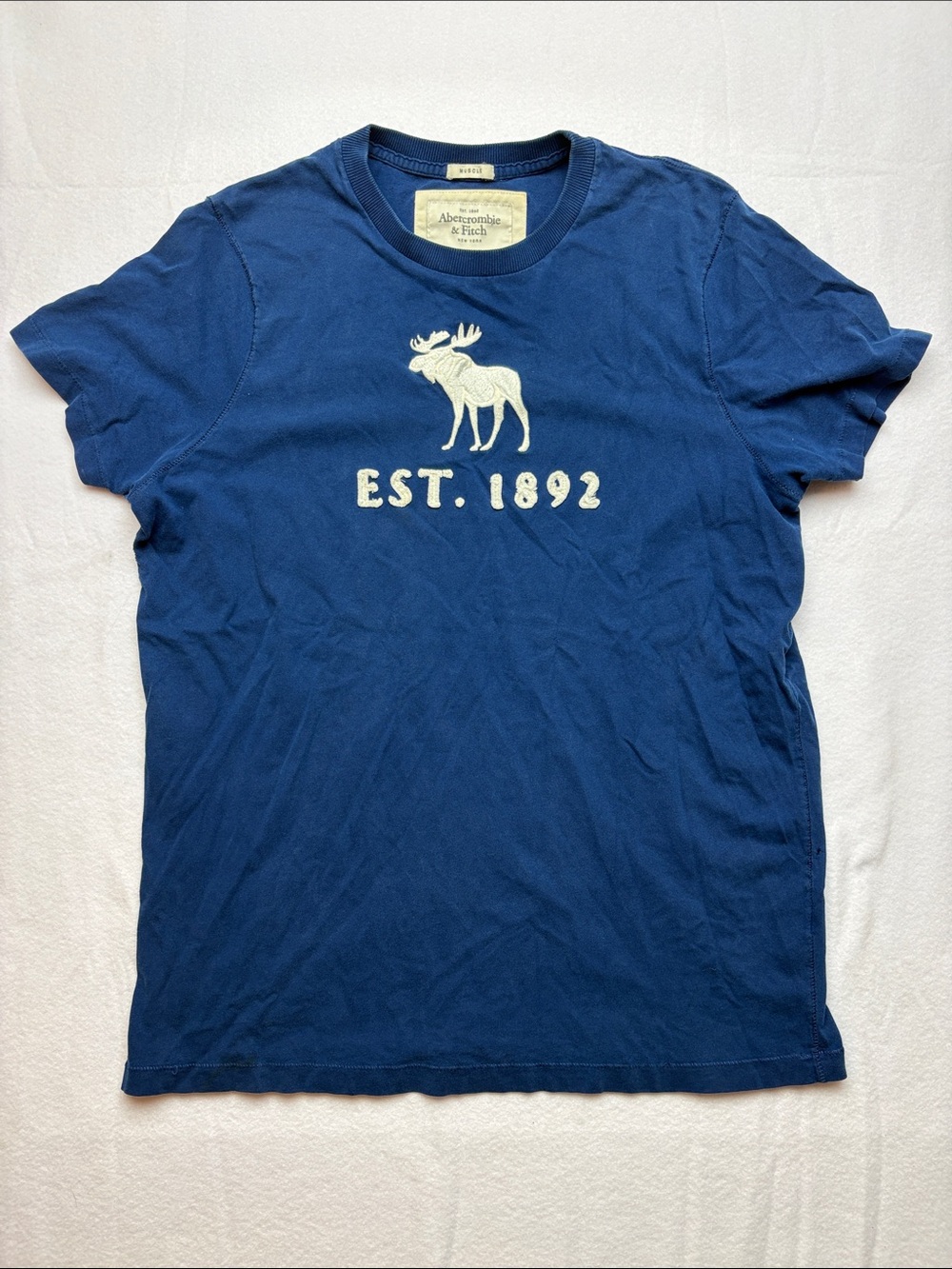 Abercrombie & Fitch Men's xl muscle y2k Royal Blue Tee Cream Moose Graphic